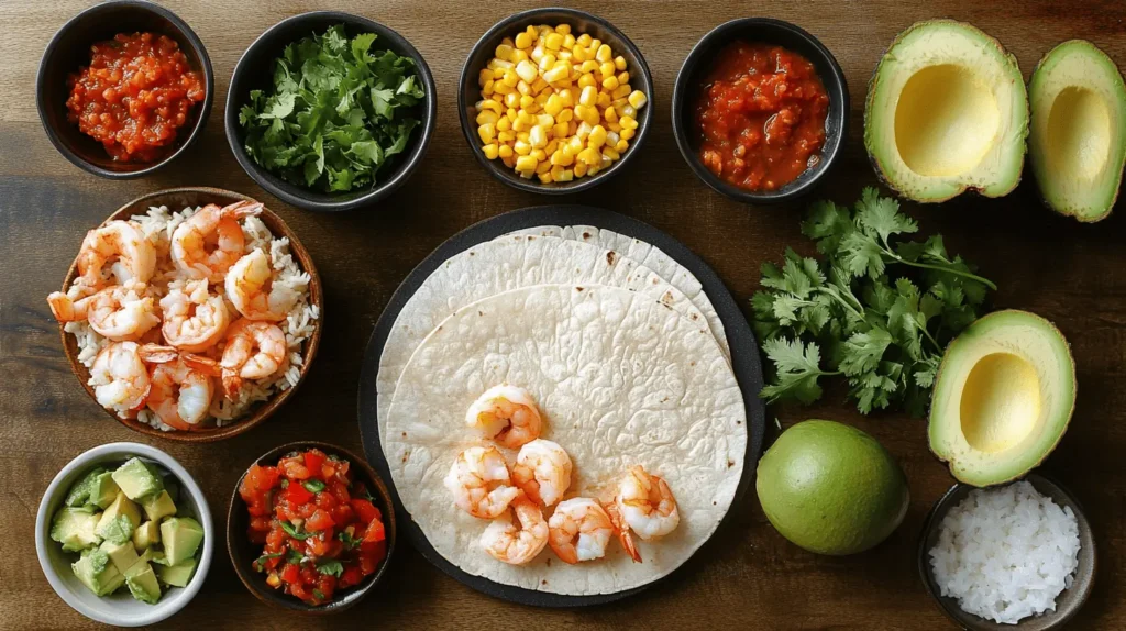 Ingredients for Shrimp Burrito Recipe, including shrimp, tortillas, rice, beans, corn, salsa, and avocado, displayed on a wooden countertop.