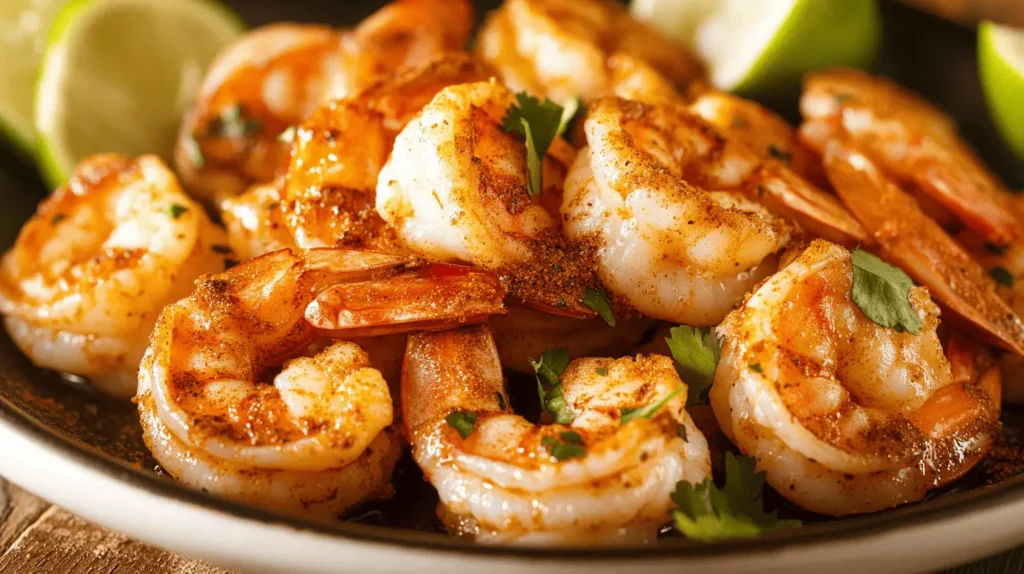 Sautéed shrimp in a skillet with taco seasoning, perfectly cooked for Shrimp Burrito Recipe.