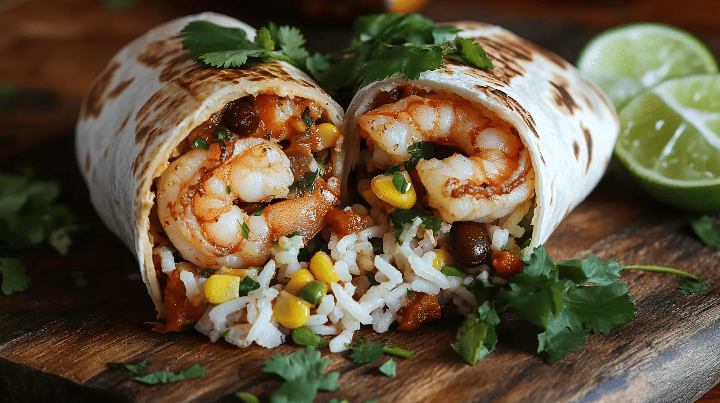 Sliced Shrimp Burrito showing shrimp, rice, beans, and toppings, served on a wooden board with lime wedges and cilantro.