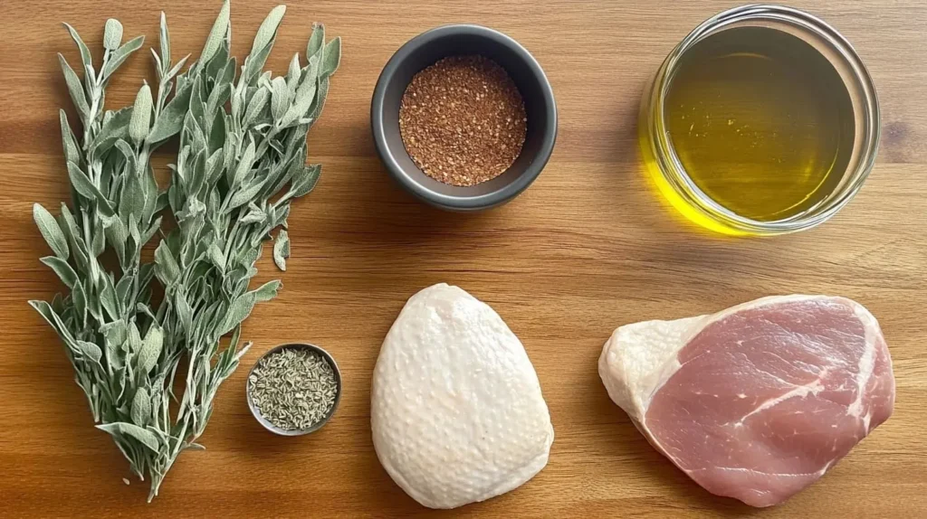 Ingredients for smoked turkey breast including turkey, olive oil, smoked paprika, and fresh herbs on a rustic wooden table.