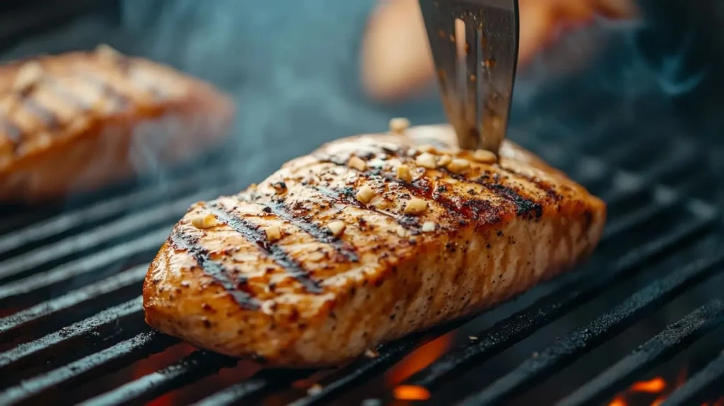 Turkey breast smoking in a smoker with wood chips creating aromatic haze on a rustic outdoor grill.