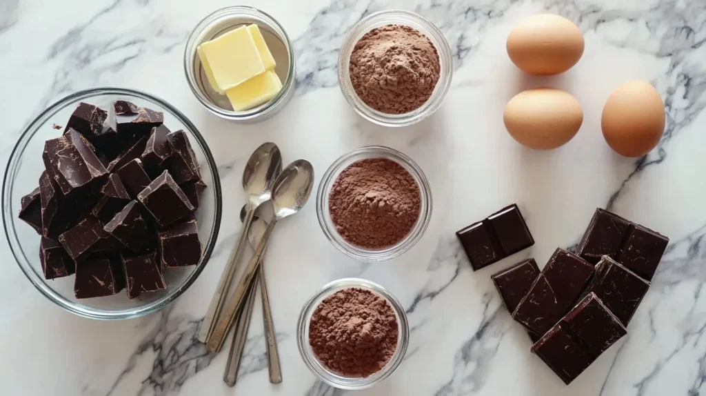 Flat lay of sourdough brownie ingredients, including butter, chocolate, sugar, eggs, and sourdough starter.