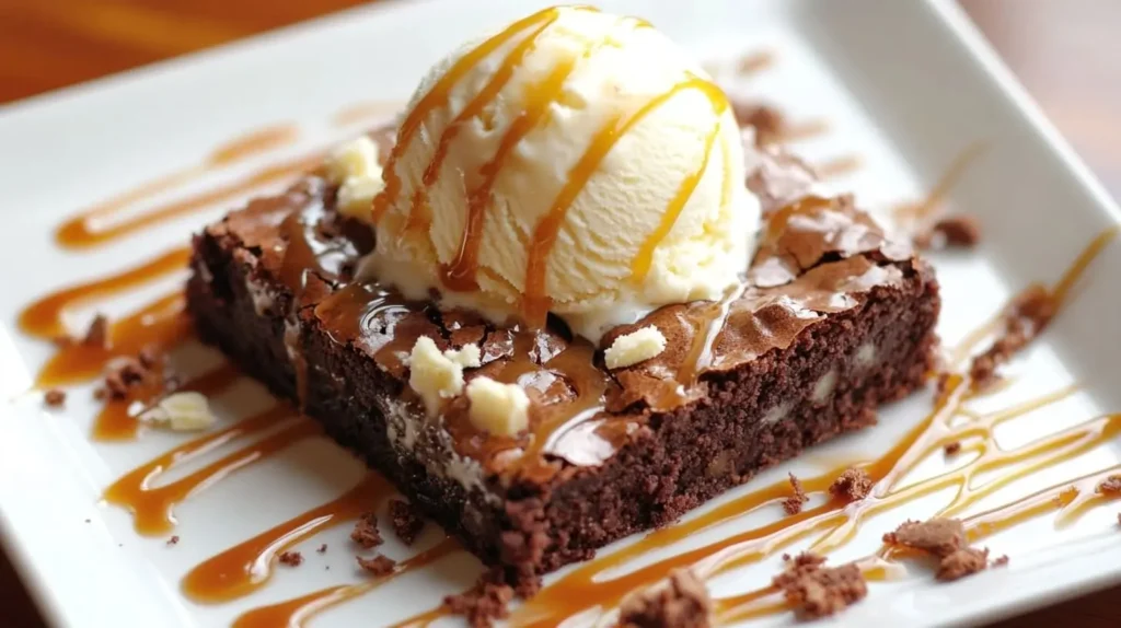 A single serving of a fudgy sourdough brownie topped with a scoop of vanilla ice cream, drizzled with caramel sauce, on a white plate.