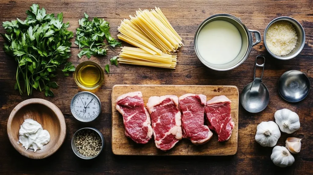 Ingredients for steak pasta including steak, pasta, garlic, olive oil, cream, Parmesan, and fresh herbs on a wooden table.