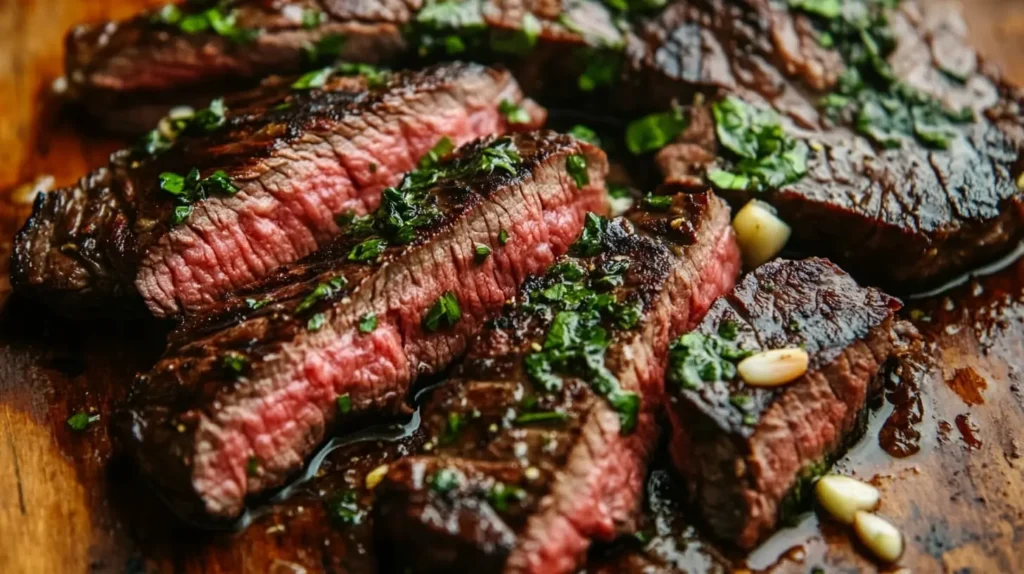 Steak being seared in a pan with olive oil and garlic, creating a rich crust on a rustic wooden table.