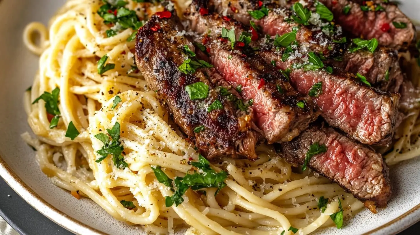 Finished steak pasta with creamy sauce, tender steak slices, grated Parmesan, and fresh parsley on a rustic wooden table.