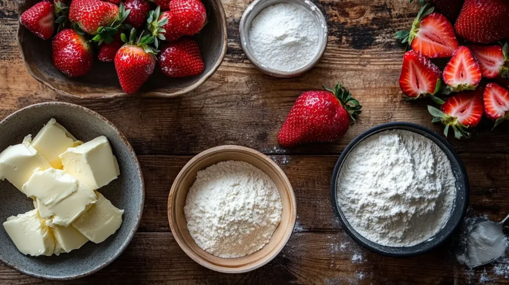 Ingredients for strawberry cheesecake cookies on a rustic wooden countertop, including cream cheese, butter, and strawberries.