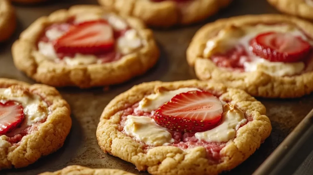 Freshly baked strawberry cheesecake cookies on a baking sheet with a golden edge and fresh strawberry slice.