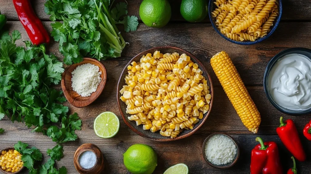 Ingredients for street corn pasta salad including corn, pasta, lime, cilantro, bell peppers, and cotija cheese on a wooden countertop.