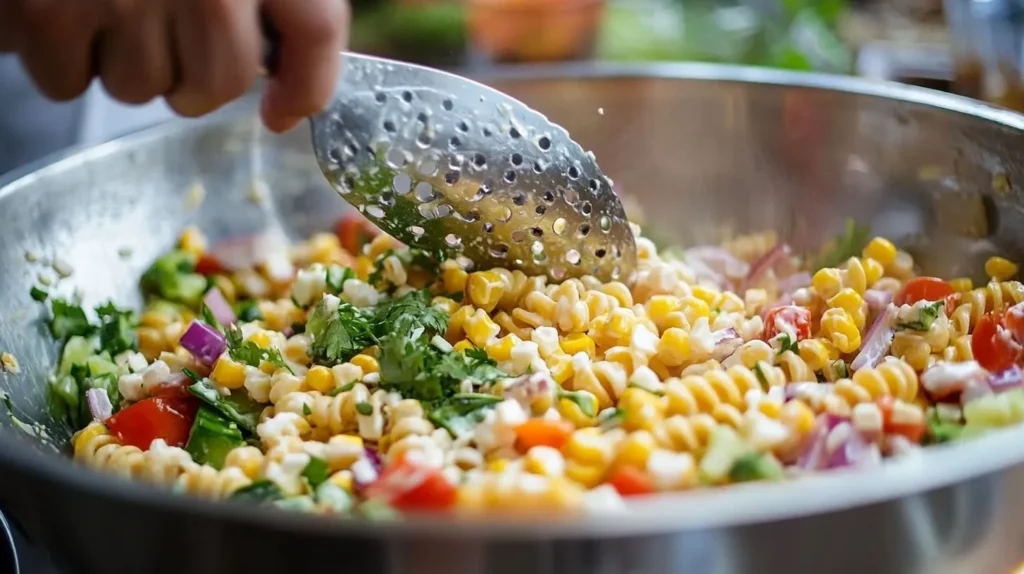 Close-up of street corn pasta salad being mixed, with grilled corn, pasta, vegetables, and creamy dressing in a bowl.