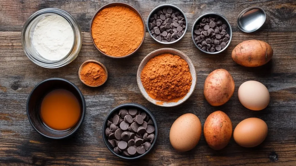 Ingredients for sweet potato brownies including mashed sweet potatoes, cocoa powder, almond flour, and chocolate chips on a wooden countertop.