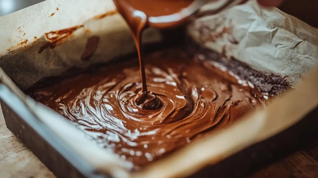 Pouring sweet potato brownie batter into a baking pan, with visible chocolate swirls in the thick, glossy mixture.