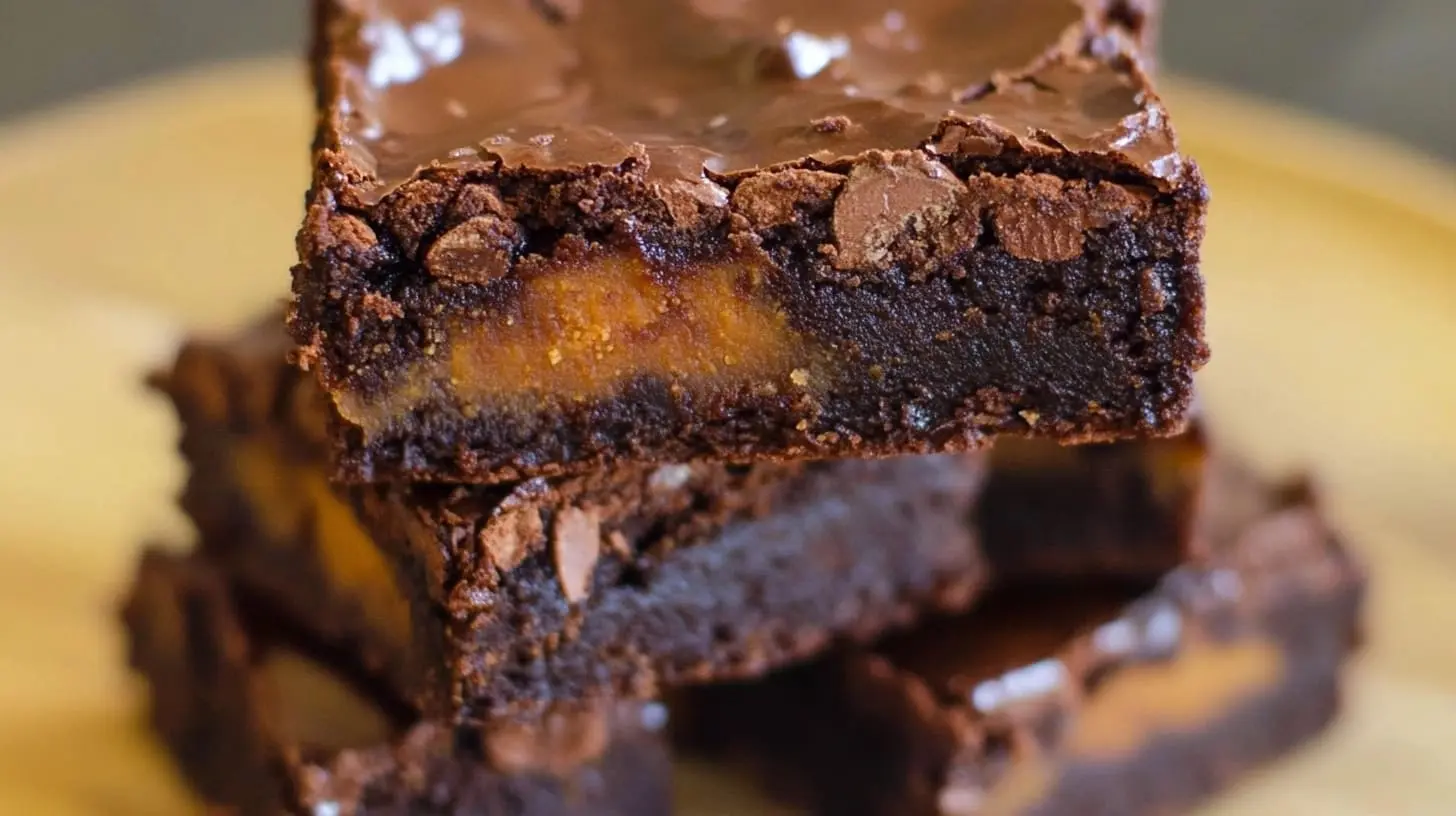 Sliced sweet potato brownies on a rustic wooden table, showcasing a rich, fudgy texture with overripe sweet potatoes.