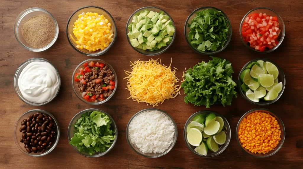 Ingredients for Taco Bowl Recipe, including seasoned meat, rice, beans, corn, lettuce, cheese, and toppings on a wooden countertop.