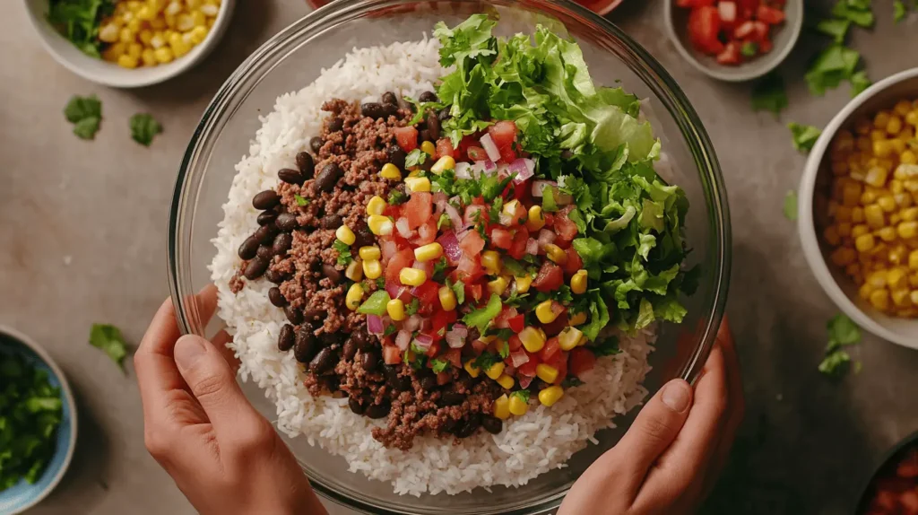 Assembling a Taco Bowl Recipe with rice, seasoned beef, beans, lettuce, corn, and pico de gallo.