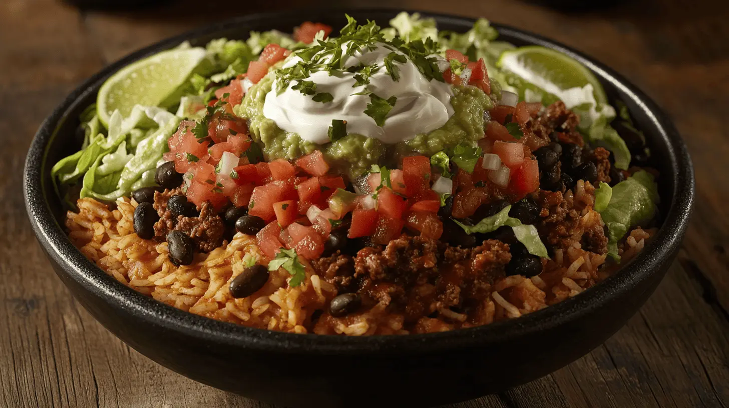 Finished Taco Bowl Recipe with colorful layers of rice, seasoned beef, beans, and toppings, garnished with lime and cilantro.