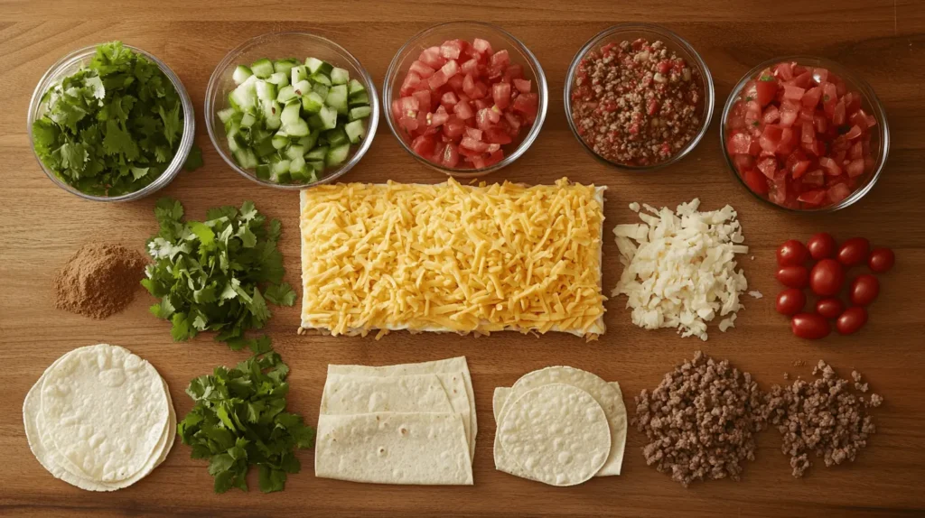 Ingredients for Taco Lasagna Recipe, including tortillas, seasoned ground beef, shredded cheese, salsa, and refried beans, on a wooden countertop.