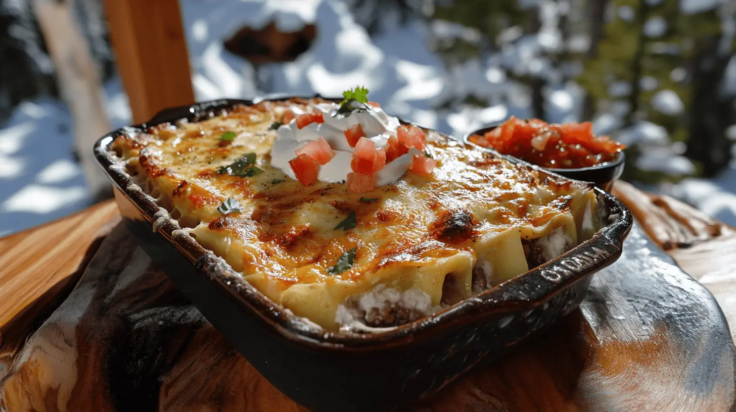 Golden baked Taco Lasagna with layers of tortillas, taco meat, and melted cheese, garnished with diced tomatoes and cilantro.