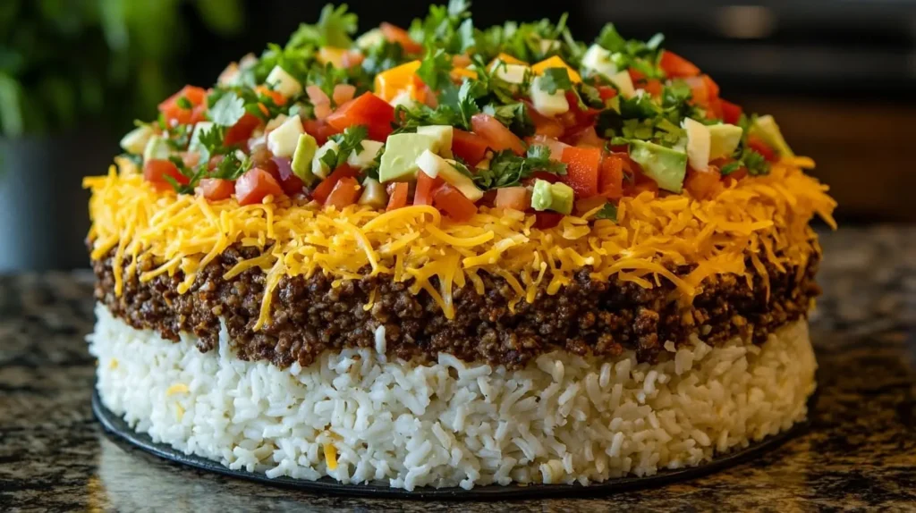 Step-by-step assembly of Taco Rice with layers of rice, seasoned ground beef, shredded cheese, salsa, and fresh toppings like lettuce and tomatoes on a polished granite countertop.