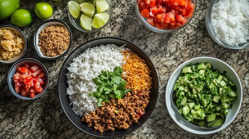 Ingredients for Taco Rice, including cooked rice, ground beef, taco seasoning, shredded cheese, salsa, lettuce, diced tomatoes, sour cream, and cilantro, arranged on a polished granite countertop.