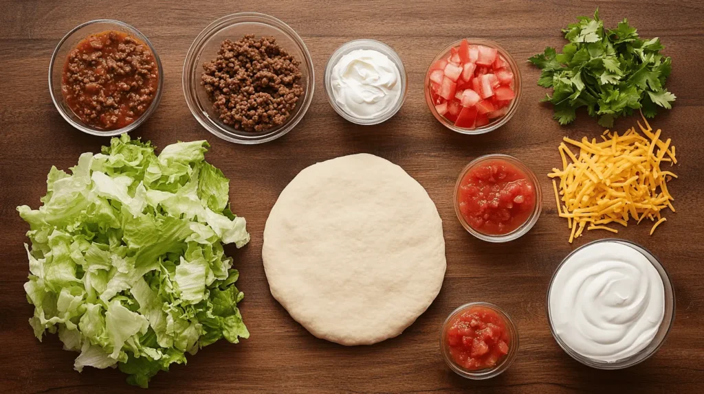 Ingredients for Taco Ring Recipe, including crescent roll dough, seasoned beef, shredded cheese, and fresh toppings like lettuce and tomatoes.