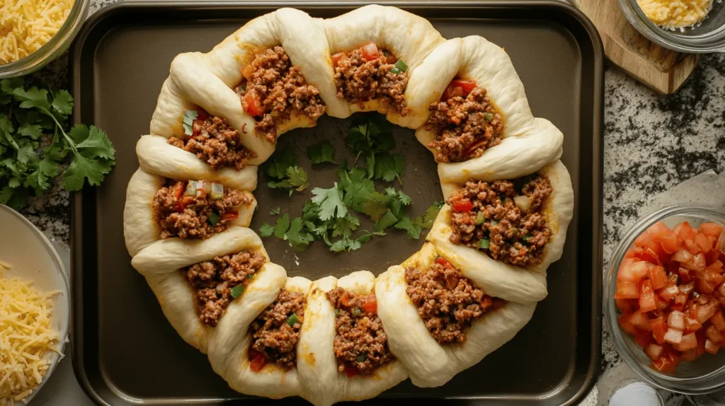 Assembling a Taco Ring with crescent roll dough, seasoned meat, and shredded cheese on a baking sheet.