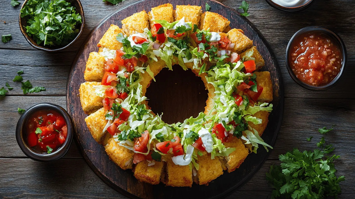 Golden baked Taco Ring garnished with lettuce and tomatoes, served with salsa and sour cream in the center.