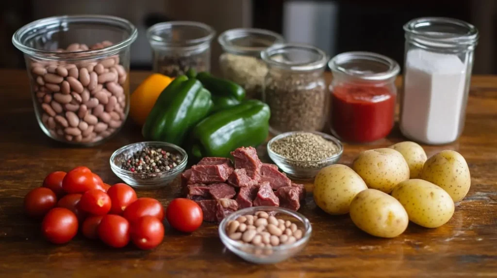 Ingredients for Texas cowboy stew, including beef, potatoes, tomatoes, beans, and spices, arranged on a wooden countertop.