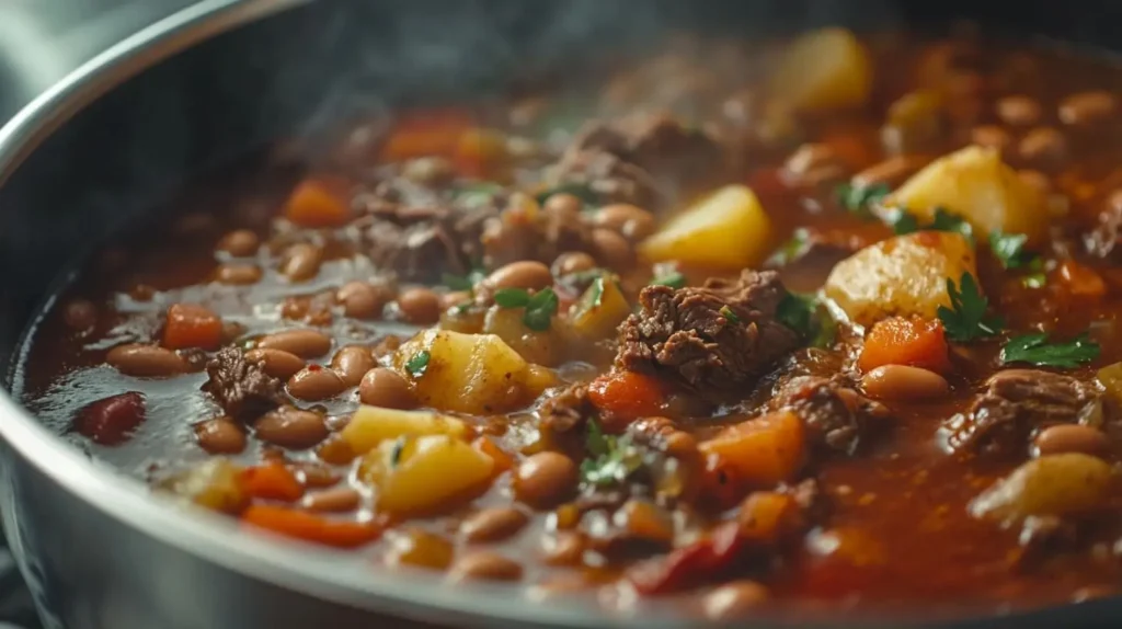 Close-up of Texas cowboy stew cooking in a pot, with beef, potatoes, beans, and vegetables simmering in broth.