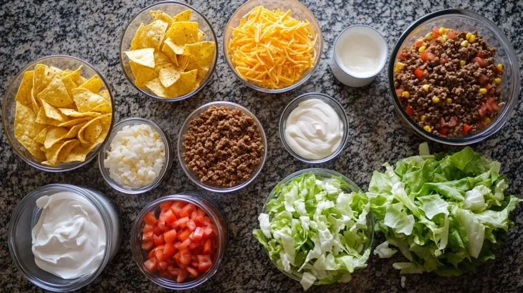 Ingredients for Walking Taco Casserole, including ground beef, taco seasoning, corn chips, shredded cheese, diced tomatoes, lettuce, sour cream, and jalapeños, arranged on a polished granite countertop.