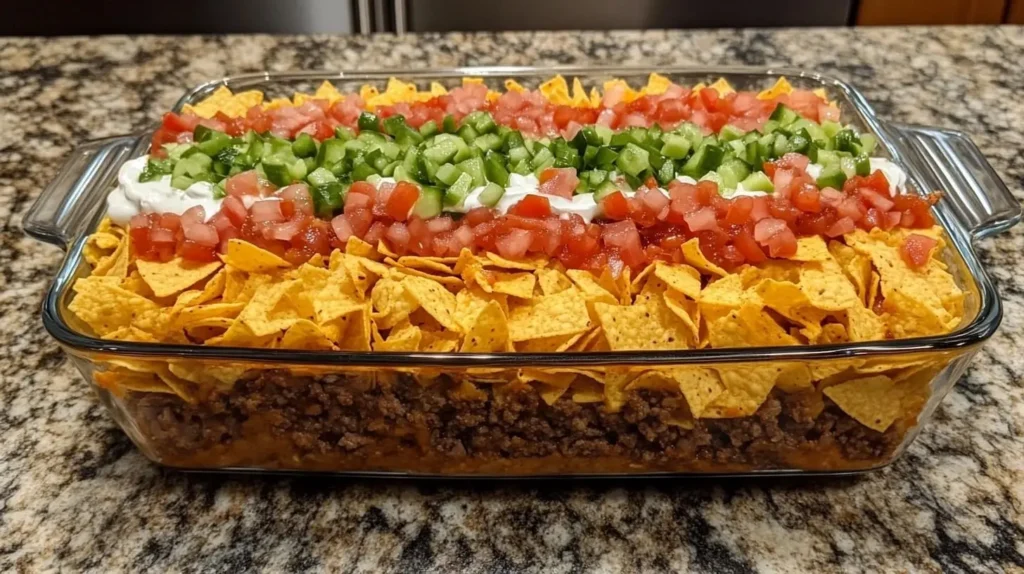 Assembling Walking Taco Casserole in a baking dish on a polished granite countertop, with layers of corn chips, seasoned meat, shredded cheese, and fresh toppings.