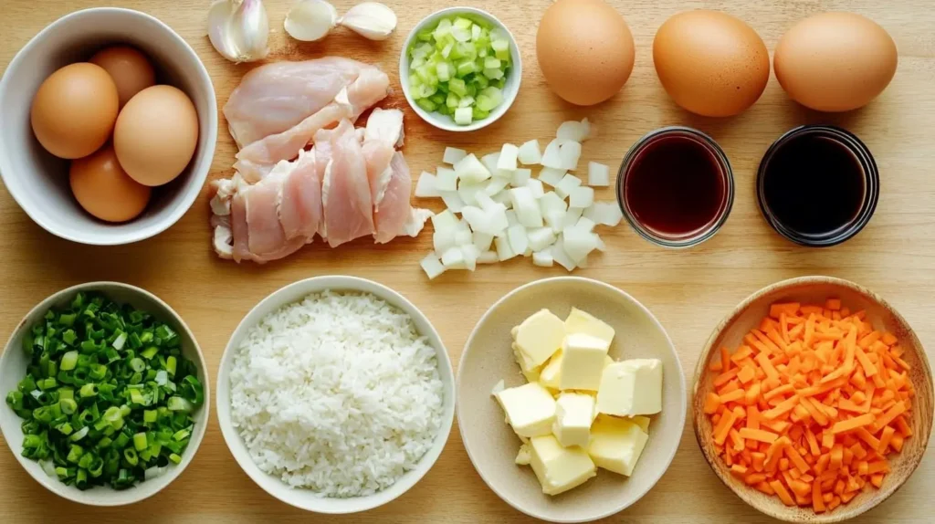 Ingredients for Benihana chicken fried rice, including rice, chicken, vegetables, and seasonings, arranged neatly on a wooden surface.