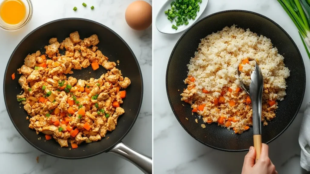 Step-by-step images of making Benihana chicken fried rice, from cooking chicken to garnishing the final dish.