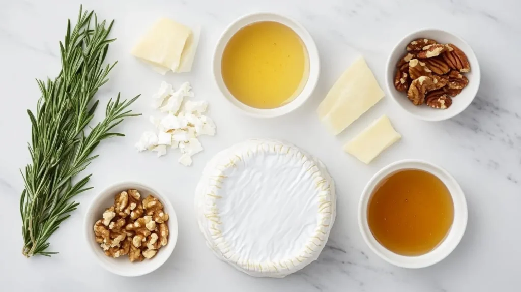 Flat lay of ingredients for Brie Cheese Bites, including brie cheese, puff pastry, and honey.