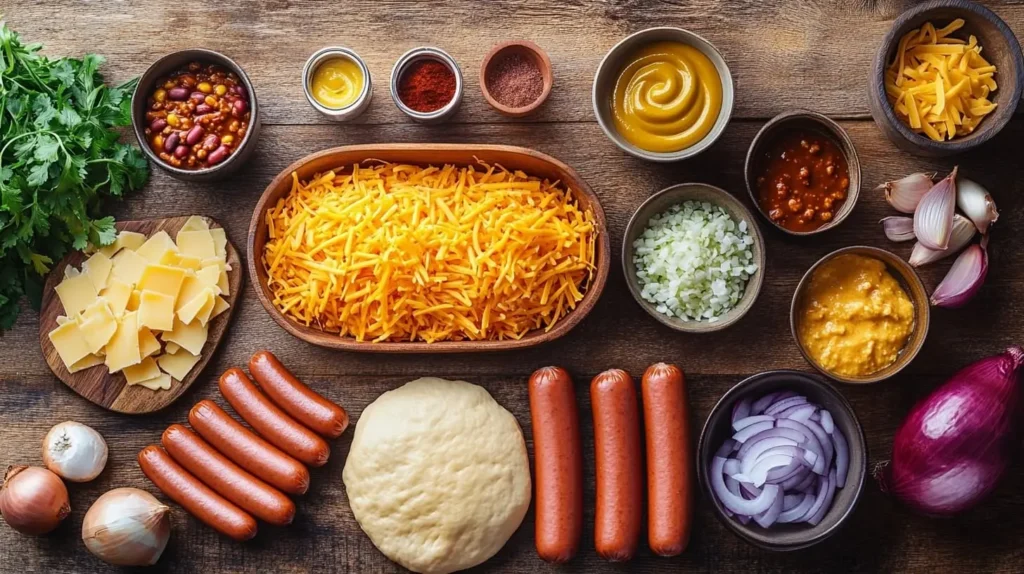 Flat-lay of chili dog casserole ingredients: hot dogs, cheese, chili, crescent roll dough, and seasonings.