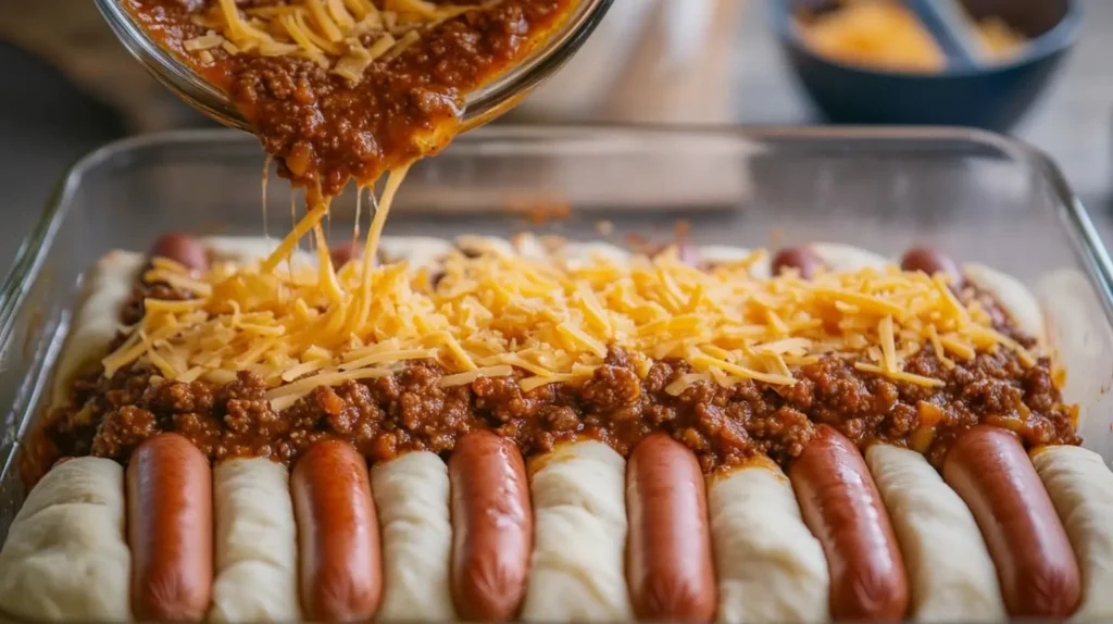 Step-by-step process of assembling chili dog casserole: layering hot dogs, chili, and cheese.