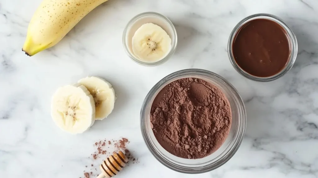 Ingredients for a chocolate smoothie: cocoa powder, banana, milk, honey, and nut butter.