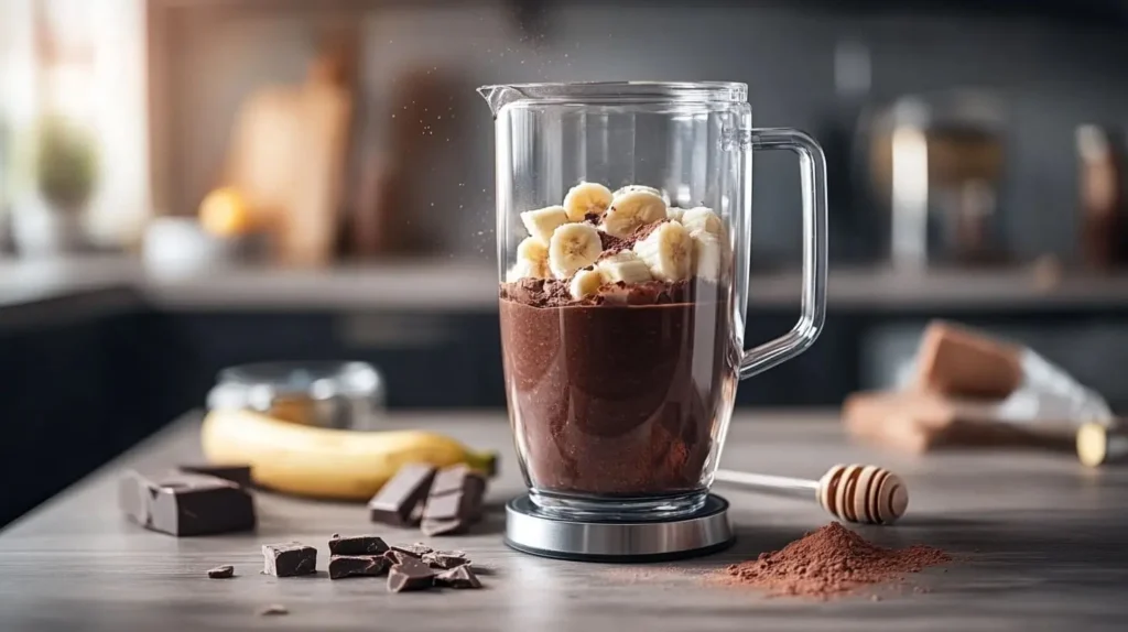 Blender filled with chocolate smoothie ingredients, ready to be blended.