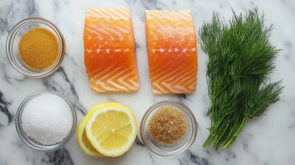 Ingredients for cold smoked salmon, including salmon fillets, coarse salt, and brown sugar.