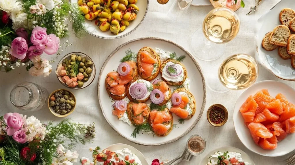 Cold smoked salmon served on bagels with cream cheese and garnishes.