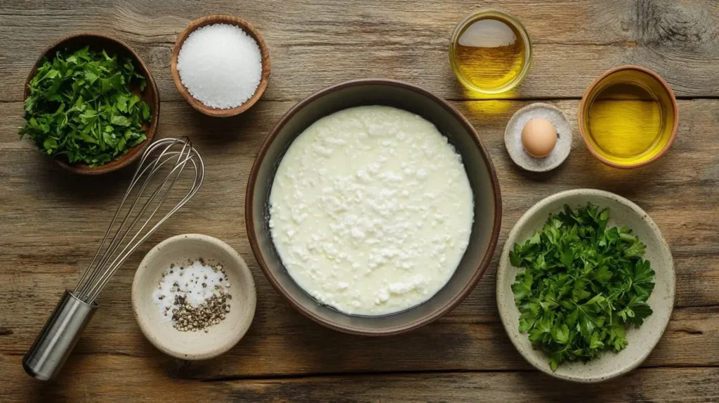 Ingredients for egg white wraps: egg whites, parsley, salt, pepper, and olive oil on a wooden table.