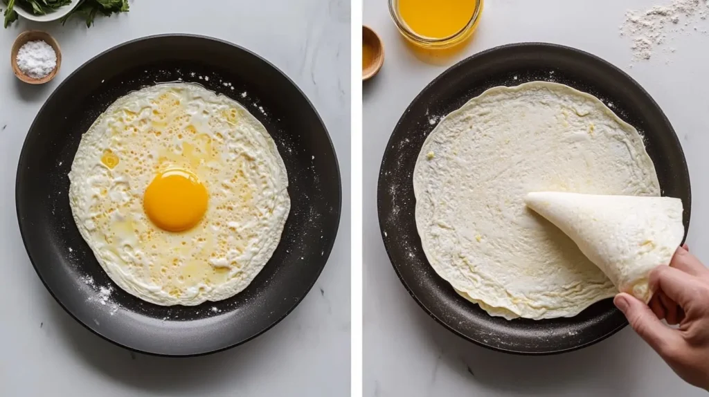 Step-by-step cooking of an egg white wrap in a skillet, showing egg whites being poured and cooked.