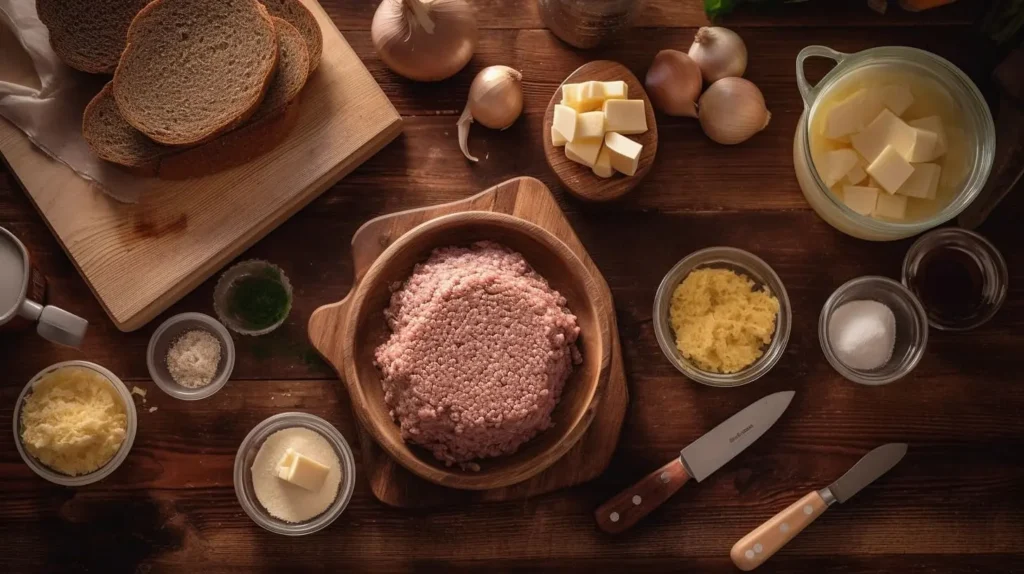 Fresh ingredients for French Onion Meatloaf, including ground beef, sliced onions, Gruyere cheese, breadcrumbs, an egg, and Worcestershire sauce, arranged on a rustic kitchen counter.