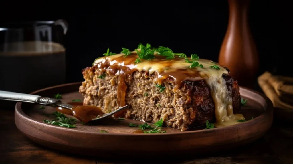 A plated slice of French Onion Meatloaf with a crispy cheese crust, caramelized onions, and beef gravy, served with mashed potatoes and roasted vegetables.