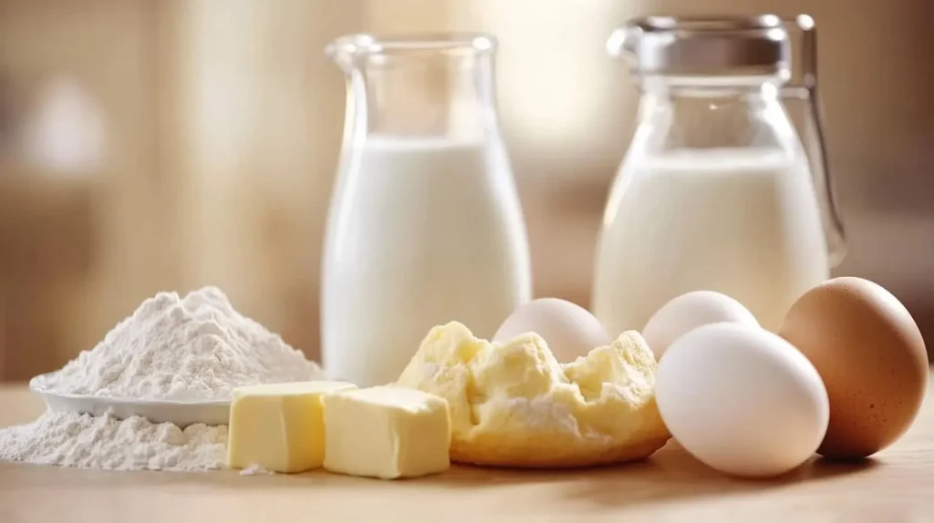 Popover ingredients including eggs, milk, flour, butter, and salt arranged neatly on a kitchen counter.