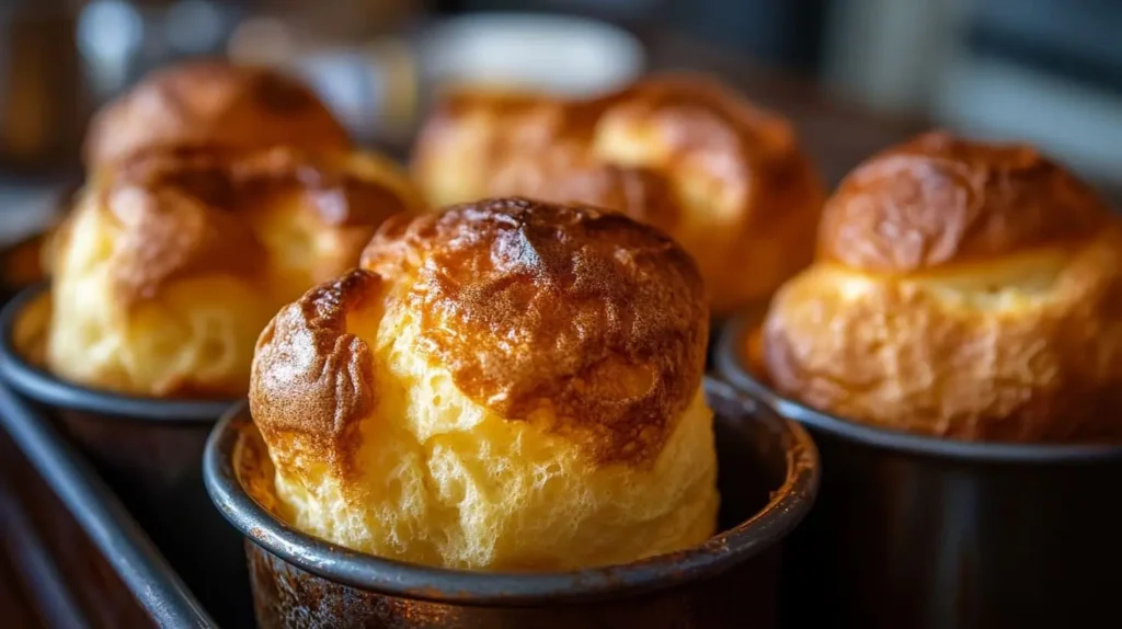 Close-up of golden brown popovers in a popover pan, showing their crispy exterior and airy interior.