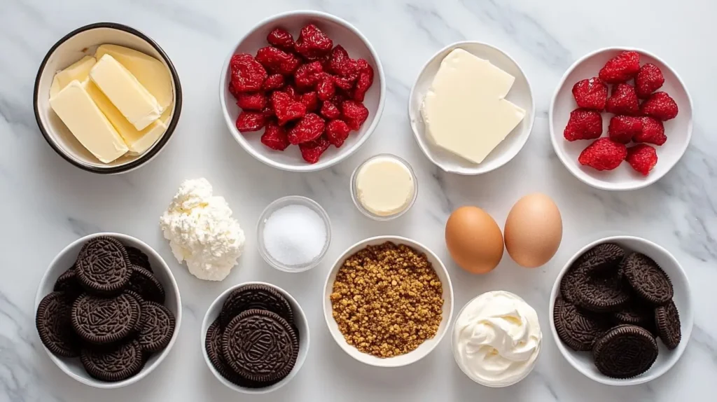 Flat lay of ingredients for Strawberry Crunch Cheesecake, including cream cheese and freeze-dried strawberries.