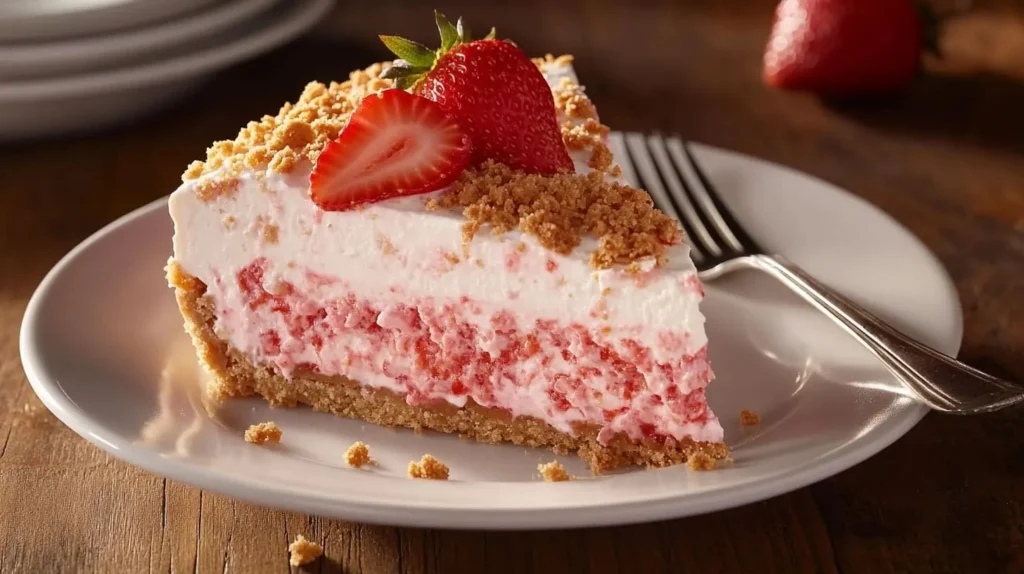 A slice of Strawberry Crunch Cheesecake with creamy filling and crunchy topping.