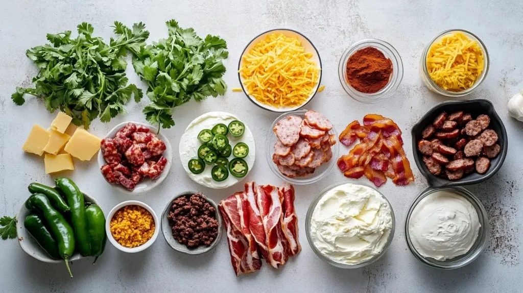 Flat-lay of fresh ingredients for armadillo eggs on a wooden surface.