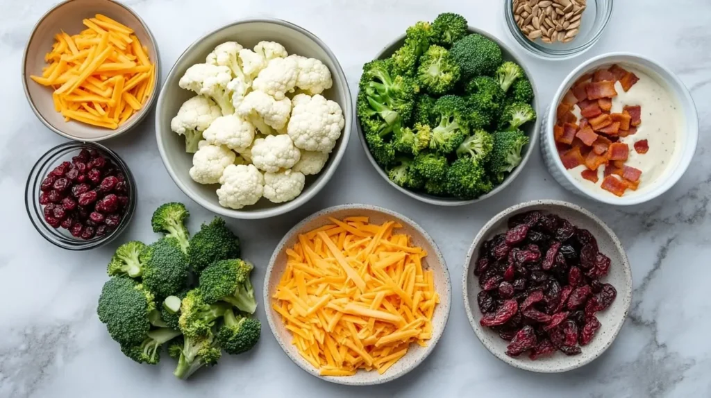 Ingredients for broccoli cauliflower salad: broccoli, cauliflower, cheese, bacon, and dressing.